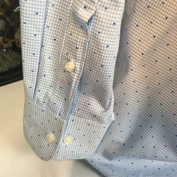Mens Tommy Hilfiger Blue H-Print Preppy Dress Shirt 17.5 L Collared Button - Picture 9 of 9